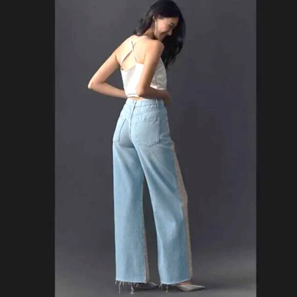 NWT $168 PILCRO Anthropologie champage sequin front wide leg high rise jeans 28 - Picture 5 of 12